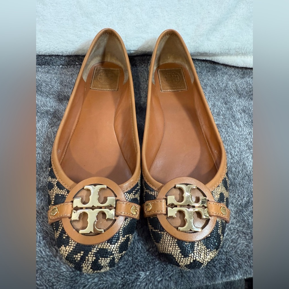 Tory Burch Leopard Print Aaden Raffia Ballet Flat size 8 animal print